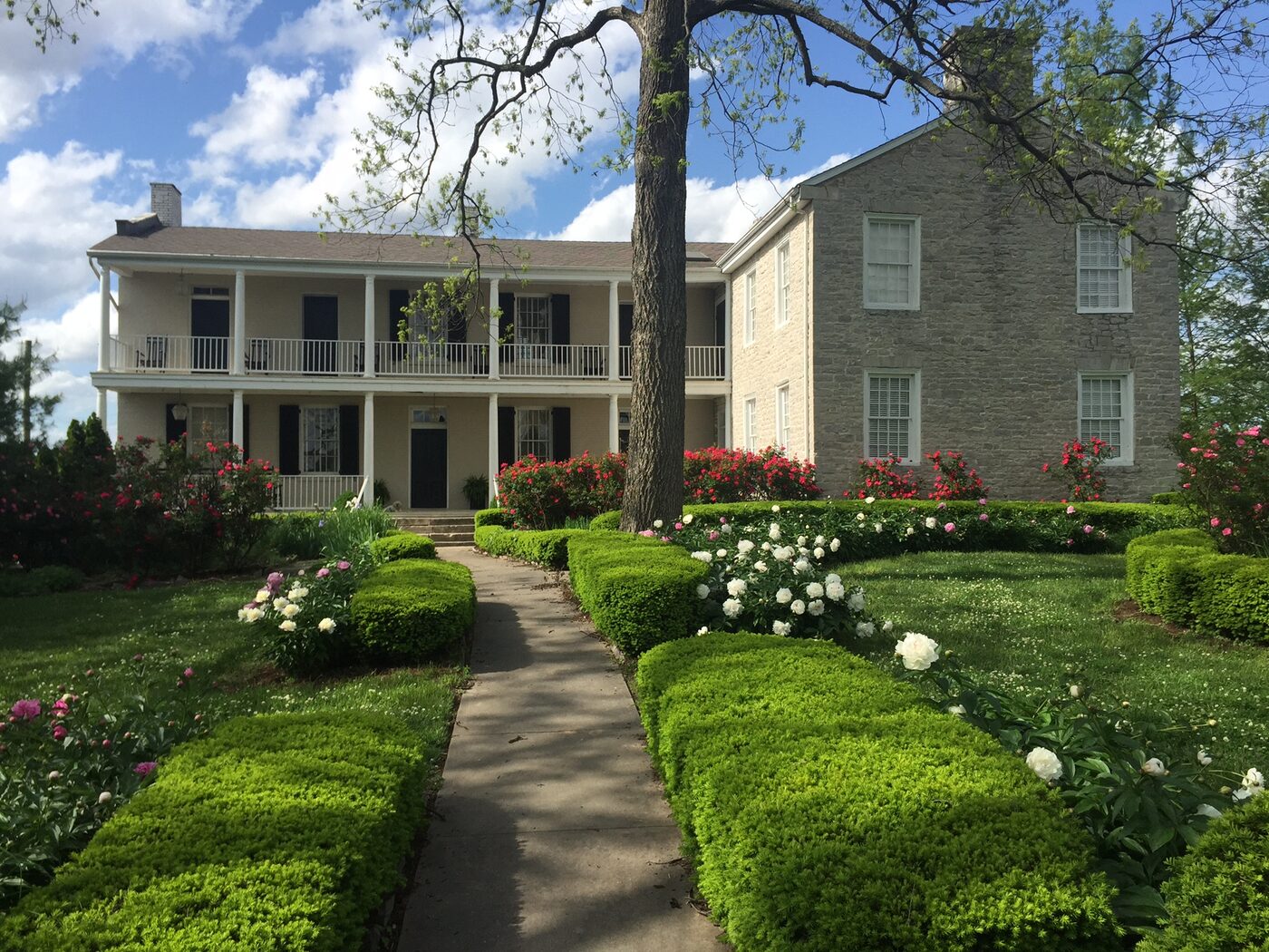 The Academy today, seen across clipped boxwood hedges under a blue sky.
