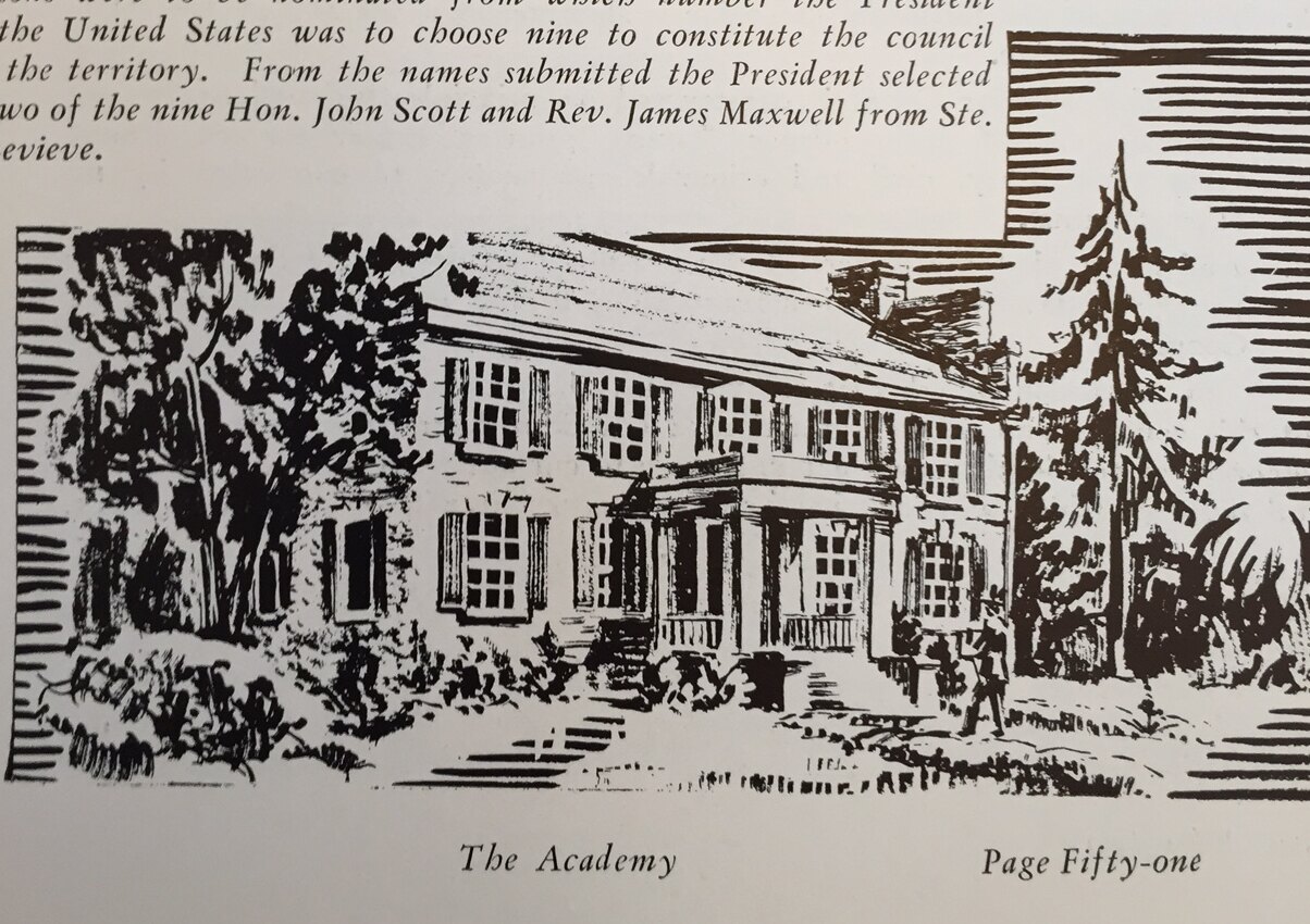 A woodcut illustration captioned The Academy, printed in a historical pageant book.