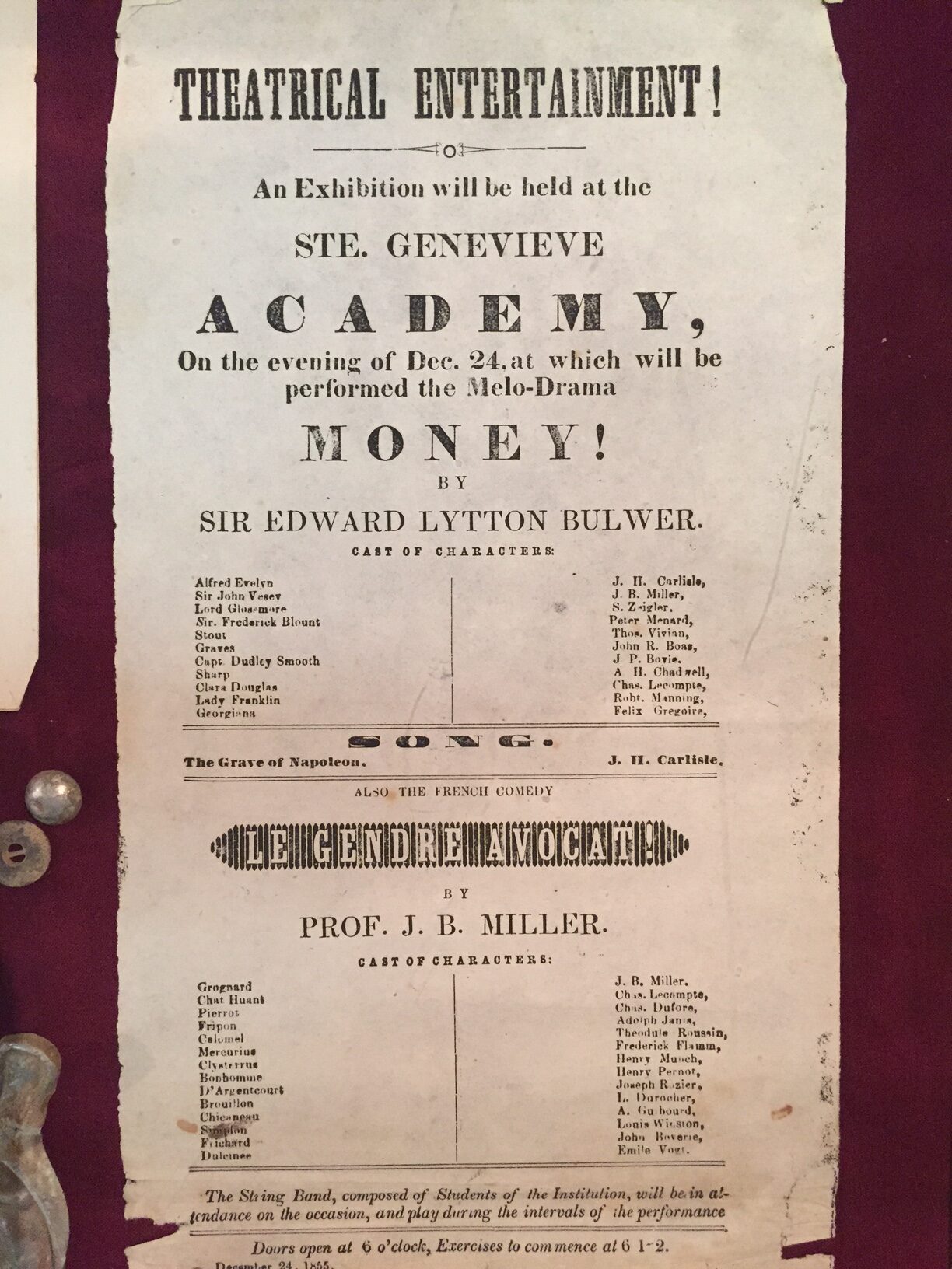 An original printed broadside advertising a theatrical entertainment at the Ste. Genevieve Academy.